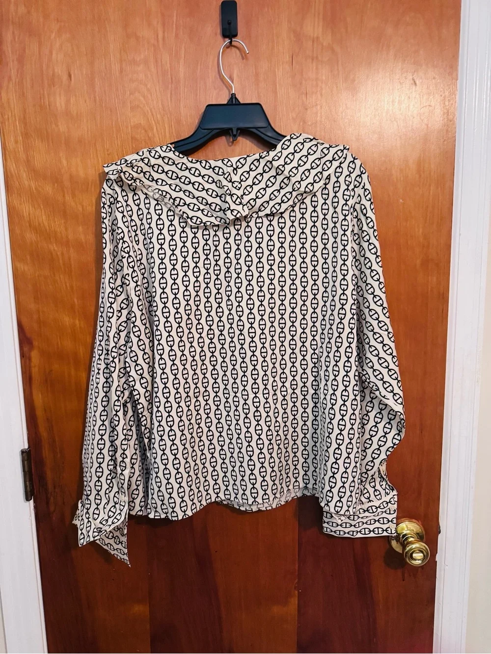 J. Crew Cream and Black Printed Ruffle V-Neck Blouse
